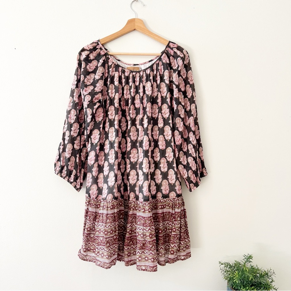 Clara the Label Clover Mini Floral Dress Pink Maroon  Boho Puff Sleeve XS.